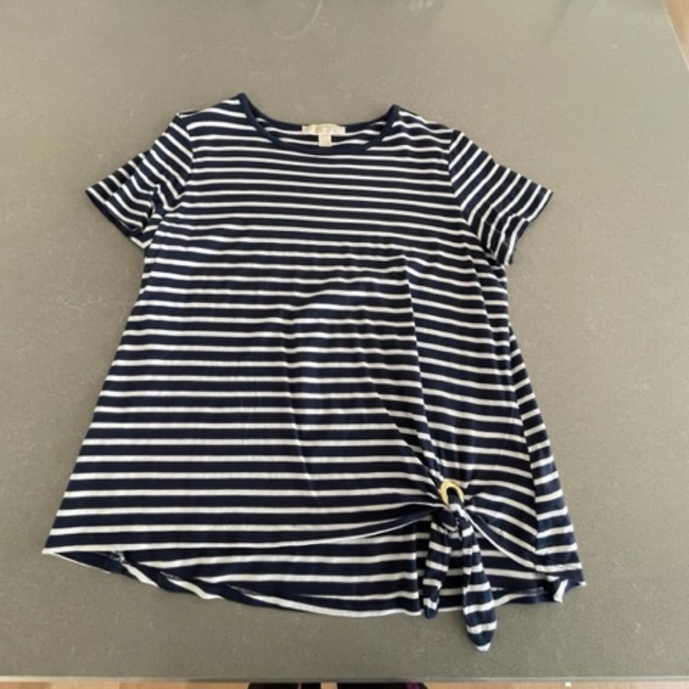 Women's Michael Kors XL Navy & White Stripped T-Shirt MK Gold Embellishment